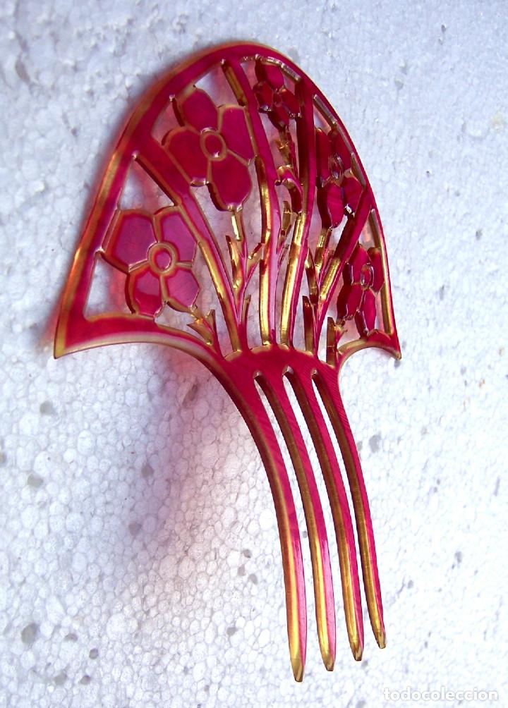 Antig&uuml;edades: Peineta en forma de abanico de celuloide rosa Art Deco - Foto 8