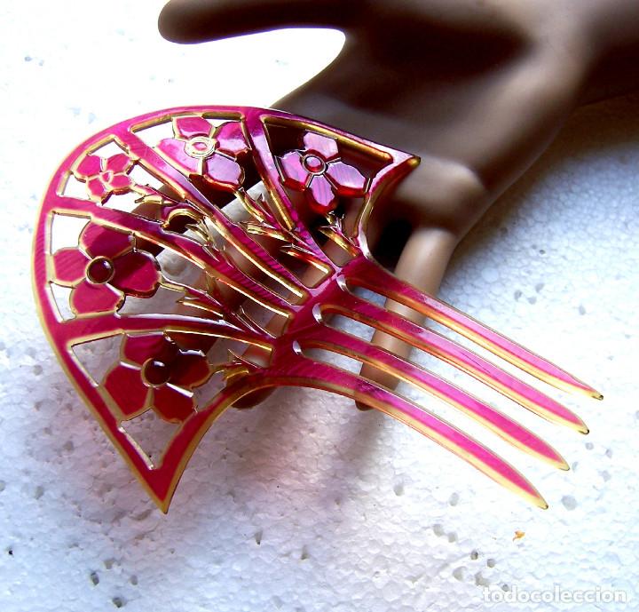 Antig&uuml;edades: Peineta en forma de abanico de celuloide rosa Art Deco - Foto 9