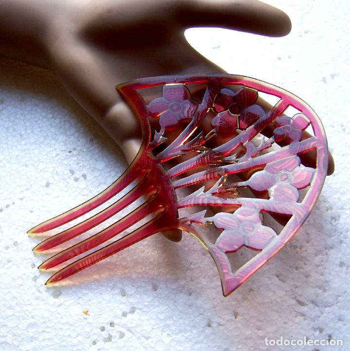 Antig&uuml;edades: Peineta en forma de abanico de celuloide rosa Art Deco - Foto 10