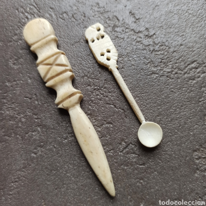 Antig&uuml;edades: JUEGO DE UTENSILIOS DE HUESO * USO DE LANA + CUCHARILLA SAL O BICARBONATO