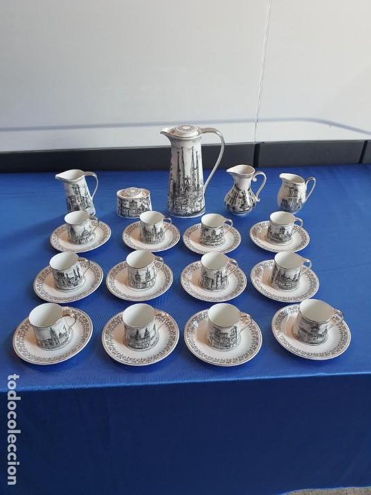 Antiquit&eacute;s: JUEGO DE CAFE pintado a mano MONUMENTOS DE ESPA&Ntilde;A Pelaez-Pico