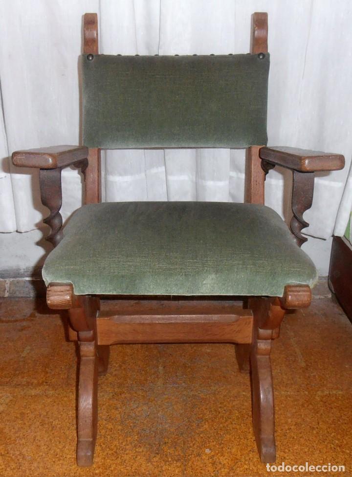 Antig&uuml;edades: SILLON DE MADERA DE ROBLE, TAPIZADO EN VERDE - Foto 2