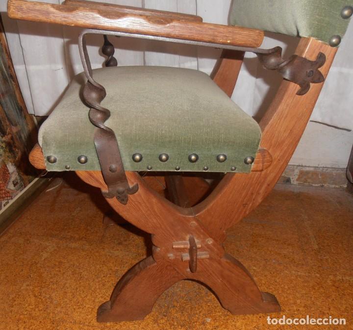 Antig&uuml;edades: SILLON DE MADERA DE ROBLE, TAPIZADO EN VERDE - Foto 4