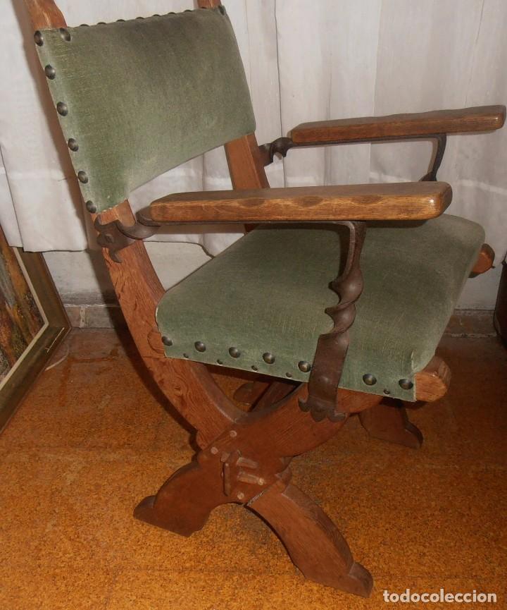 Antig&uuml;edades: SILLON DE MADERA DE ROBLE, TAPIZADO EN VERDE - Foto 6