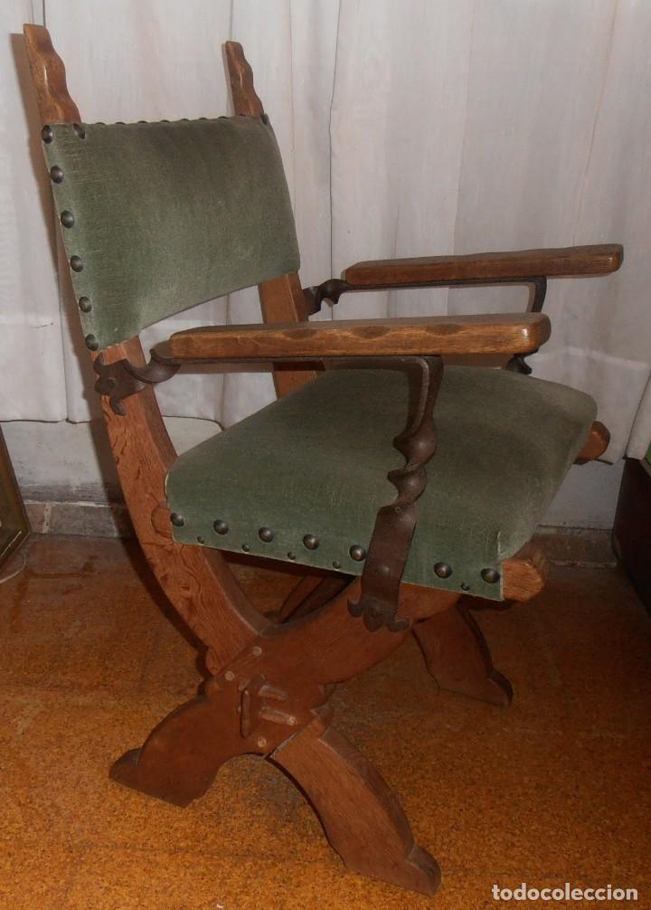 Antig&uuml;edades: SILLON DE MADERA DE ROBLE, TAPIZADO EN VERDE - Foto 7
