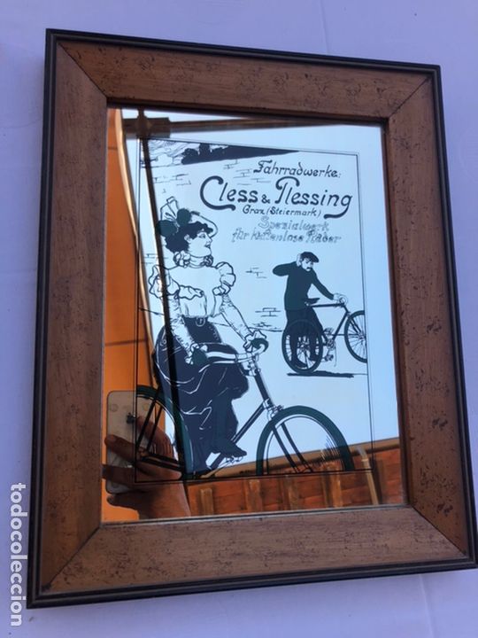 Antig&uuml;edades: Antiguo espejo con Marco publicidad bicicletas original en perfecto estado