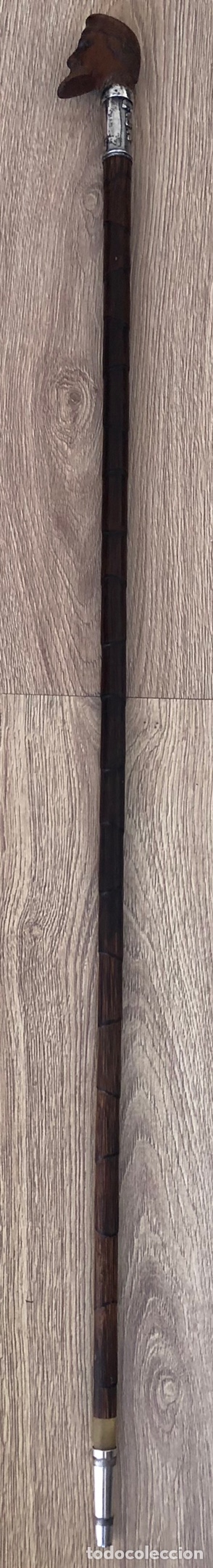 Antigüedades: Magnífico bastón antiguo, con empuñadura en talla de madera, vara de caña, plata, y punta de asta - Foto 4 - 213466631