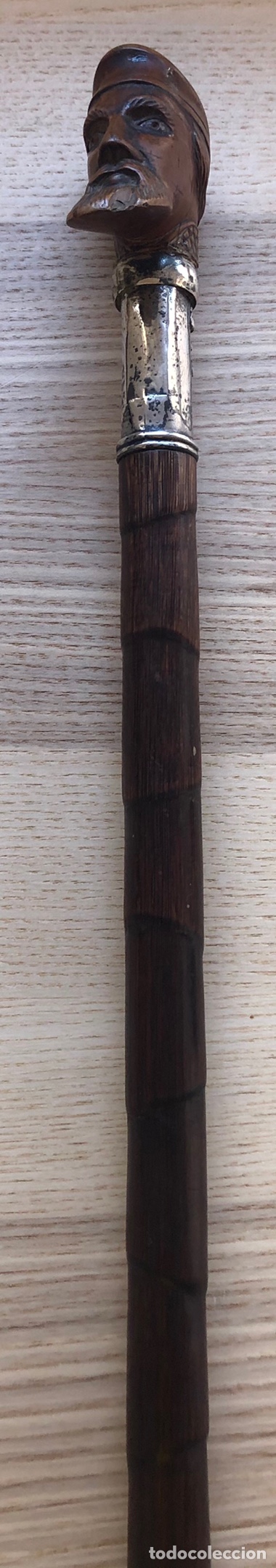 Antigüedades: Magnífico bastón antiguo, con empuñadura en talla de madera, vara de caña, plata, y punta de asta - Foto 6 - 213466631
