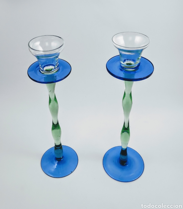 Antiguidades: PAREJA DE PORTAVELAS EN CIRISTAL SOPLADO.