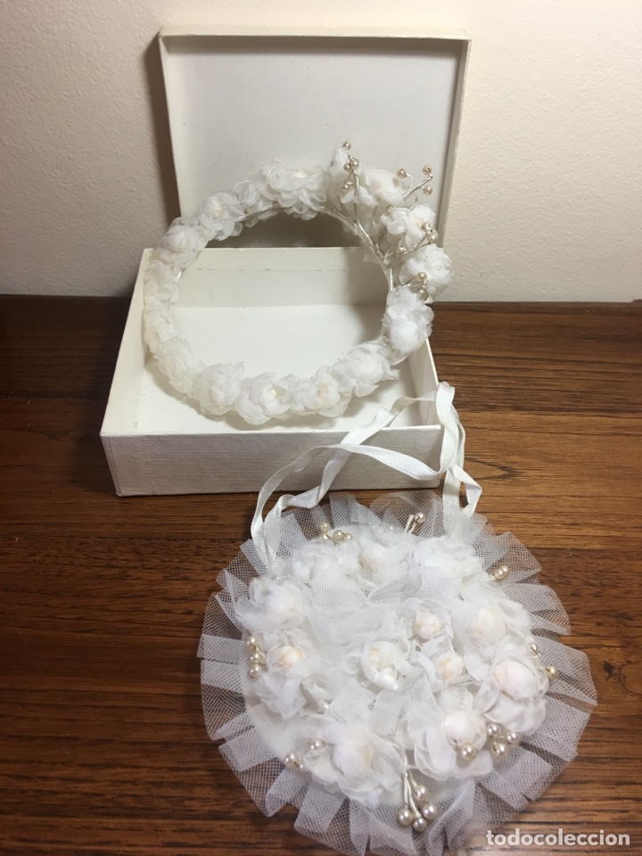 Antiquit&eacute;s: LOTE DE CORONA Y BOLSO DE COMUNI&Oacute;N ANTIGUO