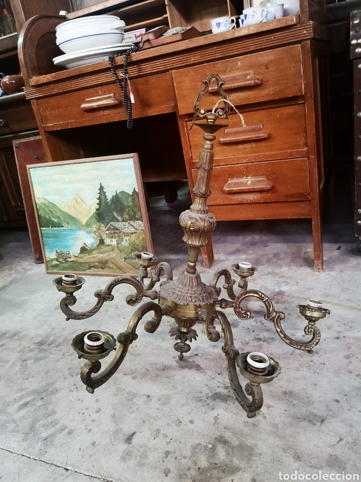 Antig&uuml;edades: Imponente l&aacute;mpara de bronce macizo. Muy pesada. 6 brazos - Foto 1