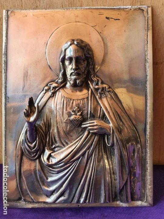 Antig&uuml;edades: SAGRADO CORAZON DE JESUS en Cobre Plateado - Foto 2