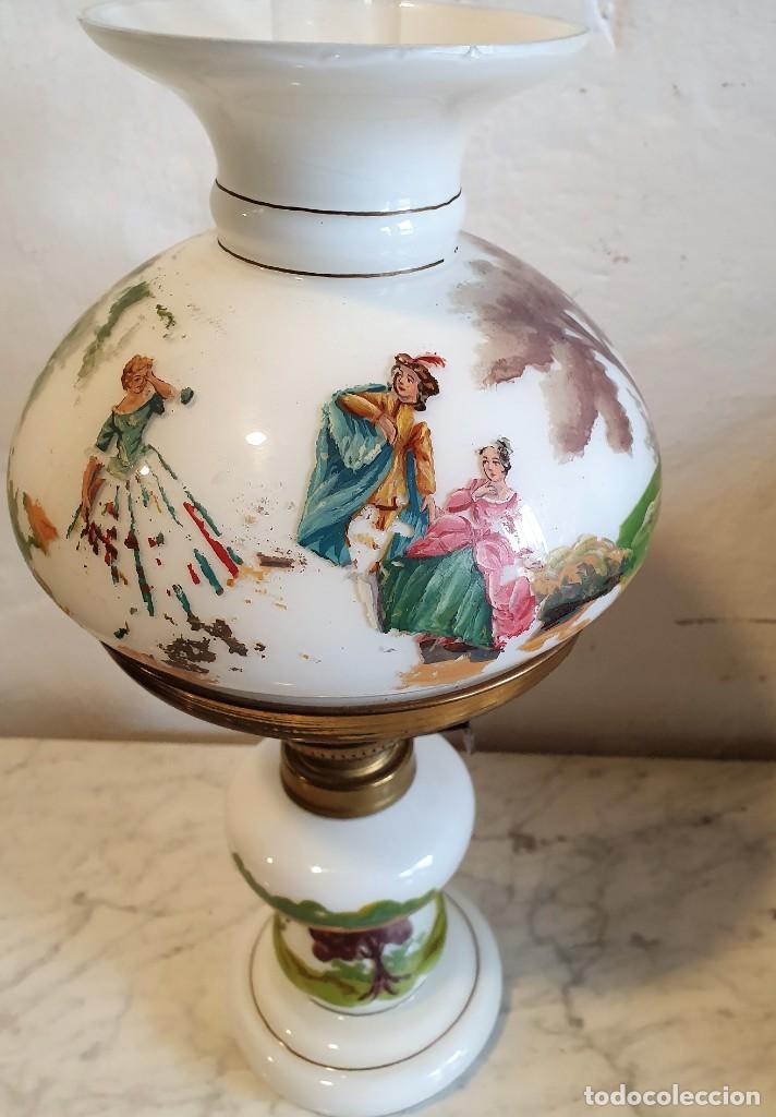 Antig&uuml;edades: ANTIGUO QUINQUE DE OPALINA DECORADO A MANO - Foto 4