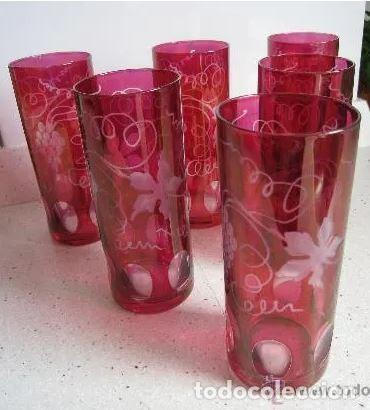 Oggetti Antichi: SEIS VASOS ANTIGUOS EN CRISTAL AUSTRIACO COLOR ROSA Y CON GRABADO FLORAL. PRECIOSOS E IMPECABLES