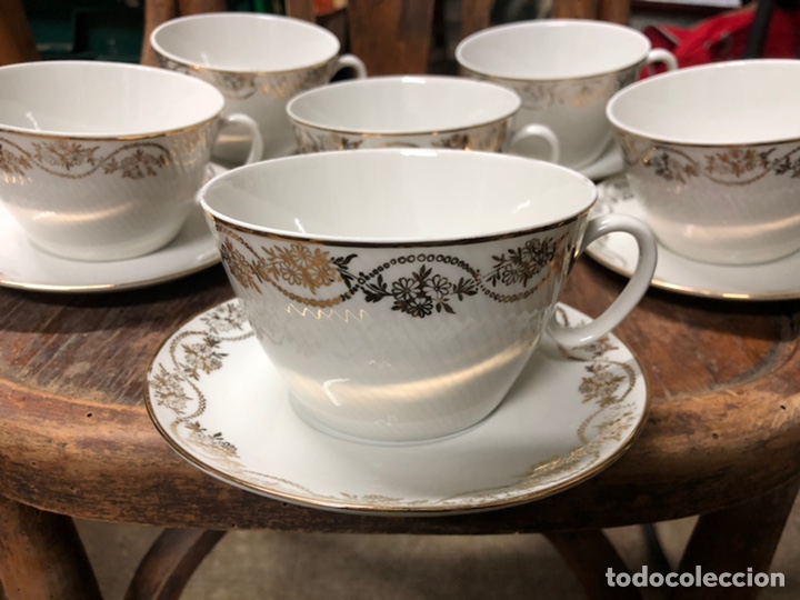 Antigüedades: JUEGO PARA CAFÉ CON LECHE DE PORCELANA MAH VIGO SANTA CLARA