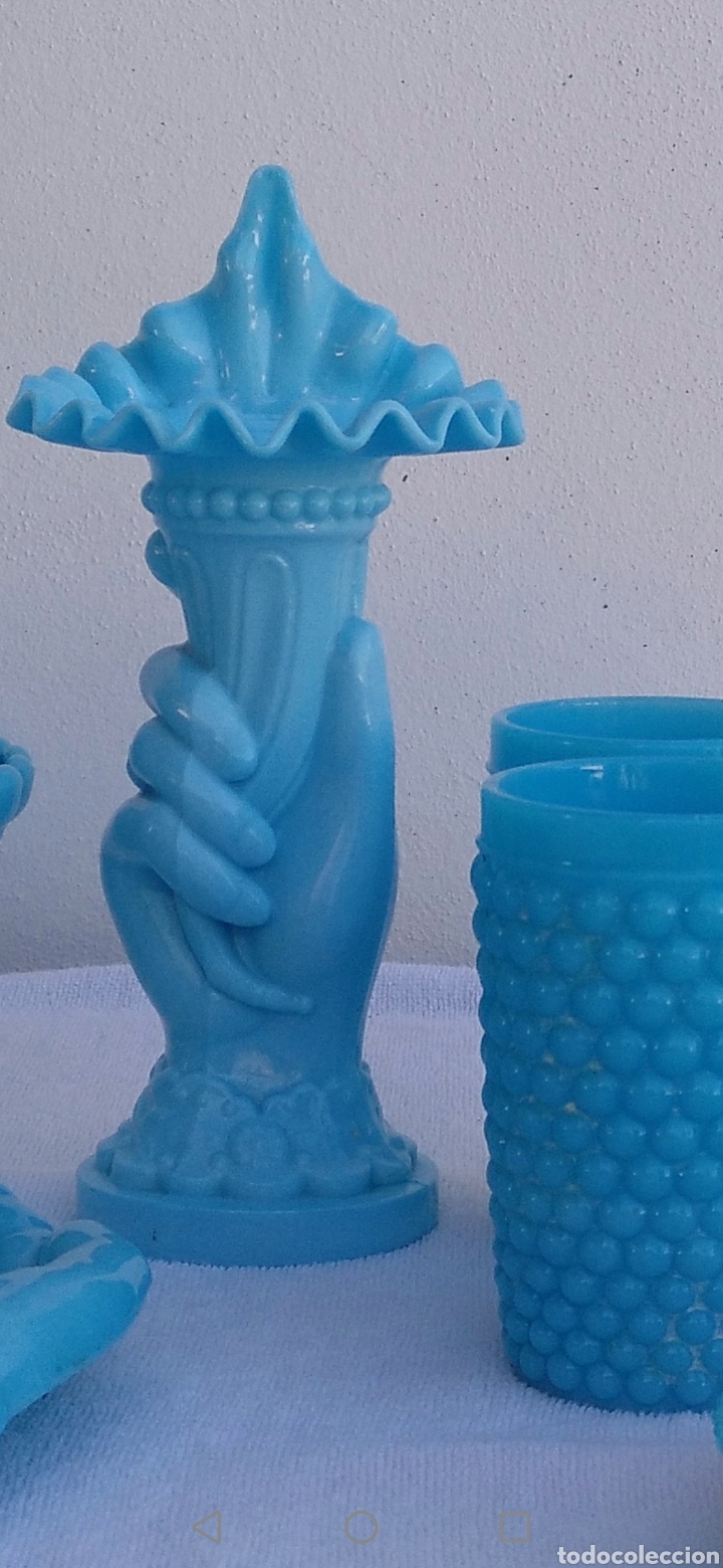 Antig&uuml;edades: VIOLETERO FLORERO DE OPALINA TURQUESA - Foto 2