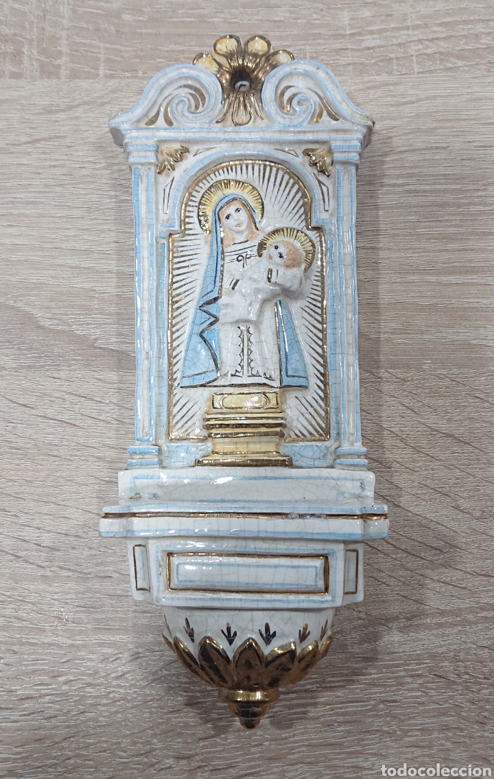 Antig&uuml;edades: BENDITERA CON VIRGEN AUT&Eacute;NTICA CER&Aacute;MICA ALGORA - Foto 1