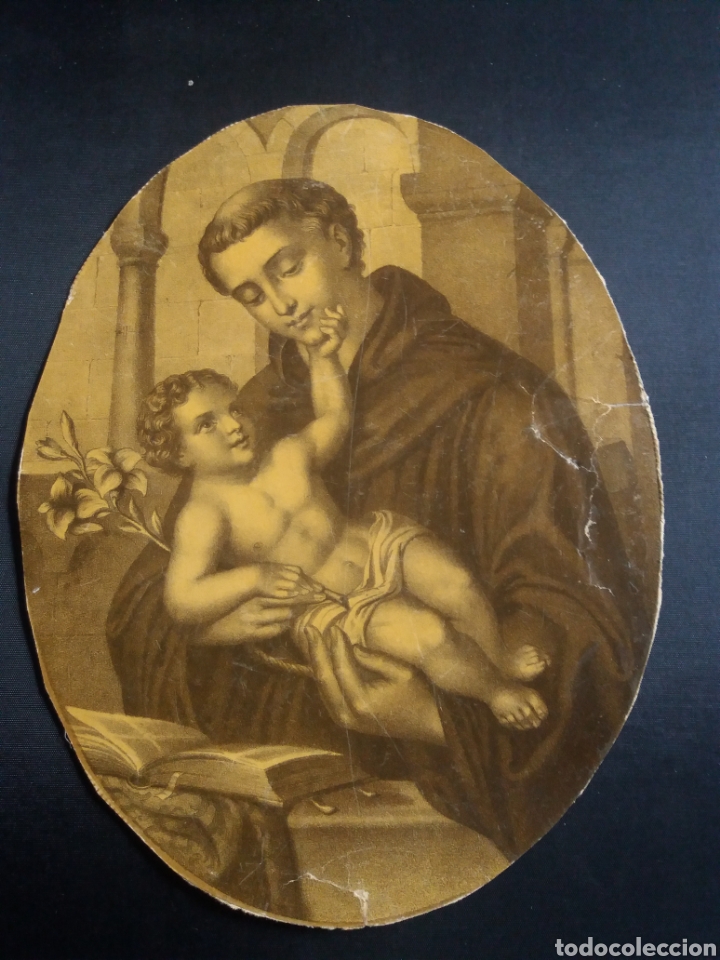 Antiques: San Antonio con ni&ntilde;o Jesus litografia ovalada XIX