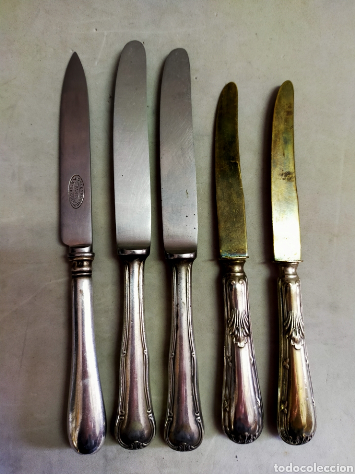 Antig&uuml;edades: LOTE DE 5 CUCHILLOS DE POSTRE. METAL PLATEADO. - Foto 6