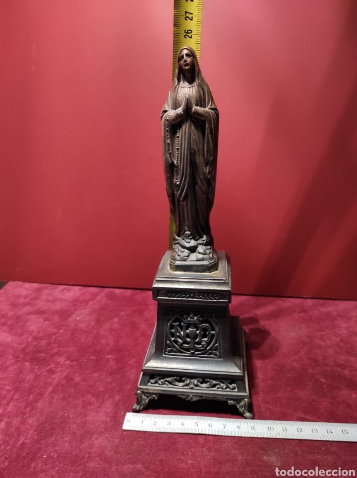 Antig&uuml;edades: Virgen con base musical en calamina antigua - Foto 7