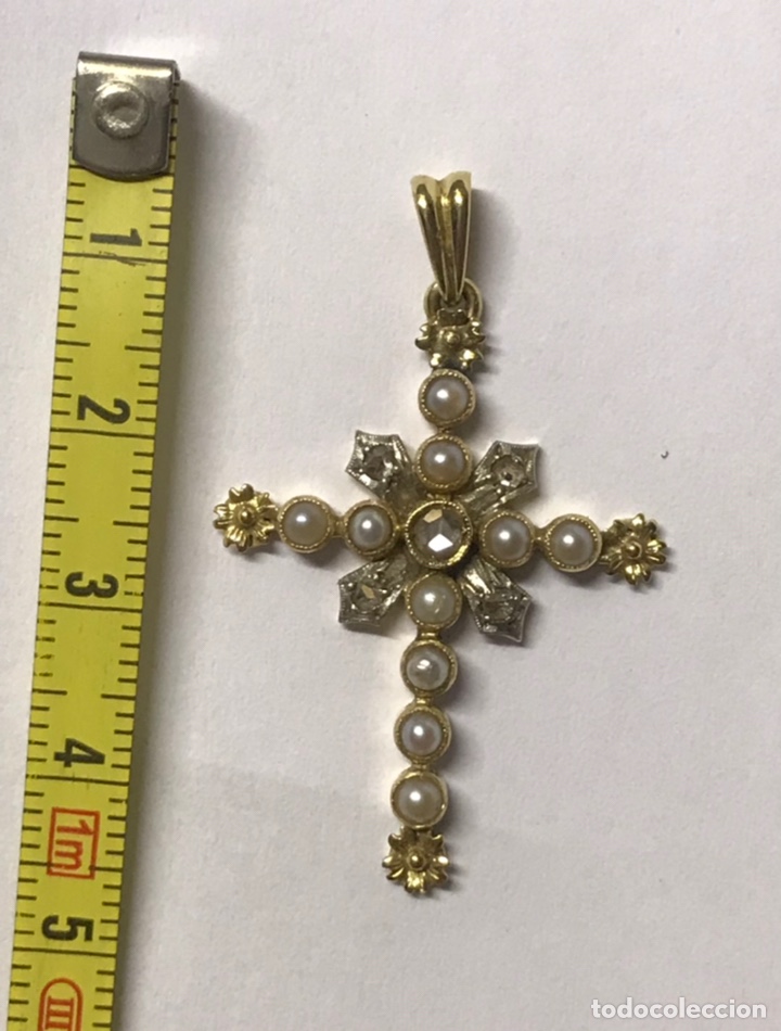 Antigüedades: Antiguo colgante de cruz, en oro de 18 kts, perlas y diamantes - Foto 2 - 206158832