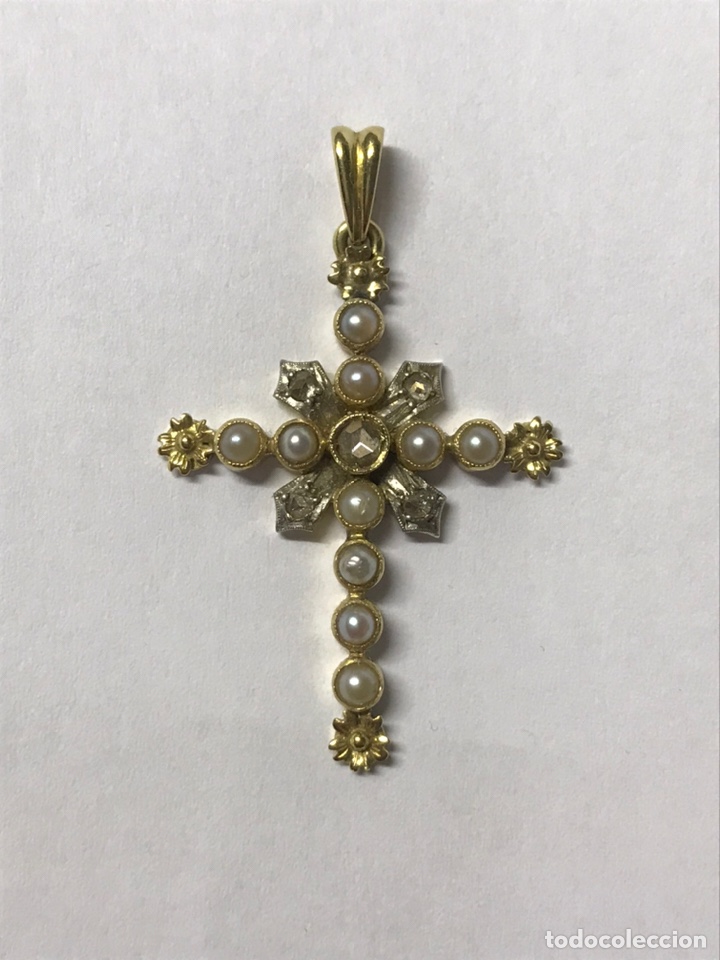 Antigüedades: Antiguo colgante de cruz, en oro de 18 kts, perlas y diamantes - Foto 5 - 206158832