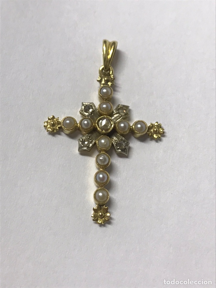 Antigüedades: Antiguo colgante de cruz, en oro de 18 kts, perlas y diamantes - Foto 6 - 206158832