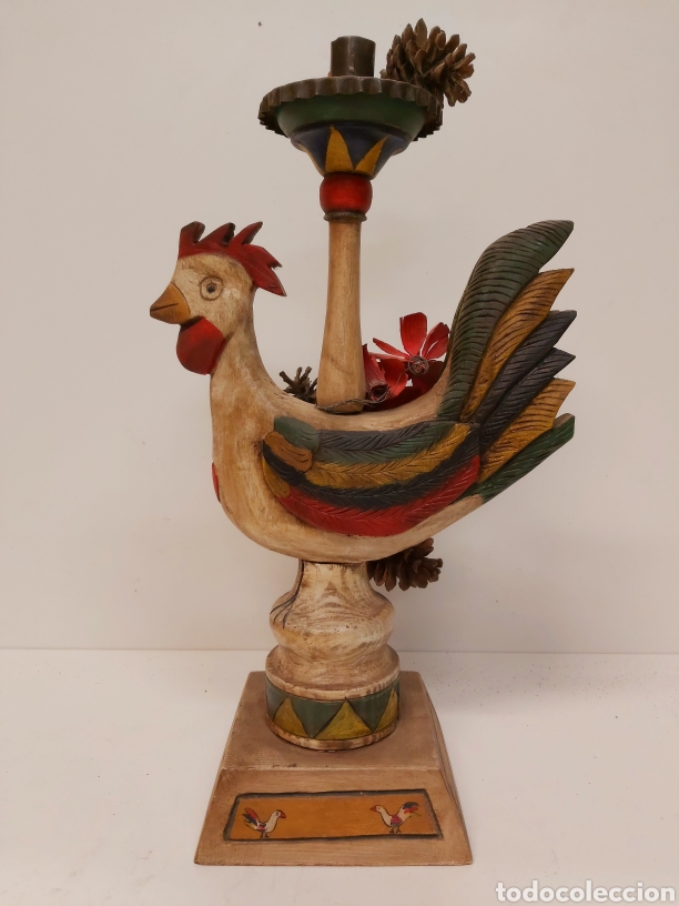 Antig&uuml;edades: Gran candelabro gallo madera 47cm - Foto 2