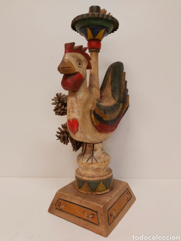 Antig&uuml;edades: Gran candelabro gallo madera 47cm - Foto 3