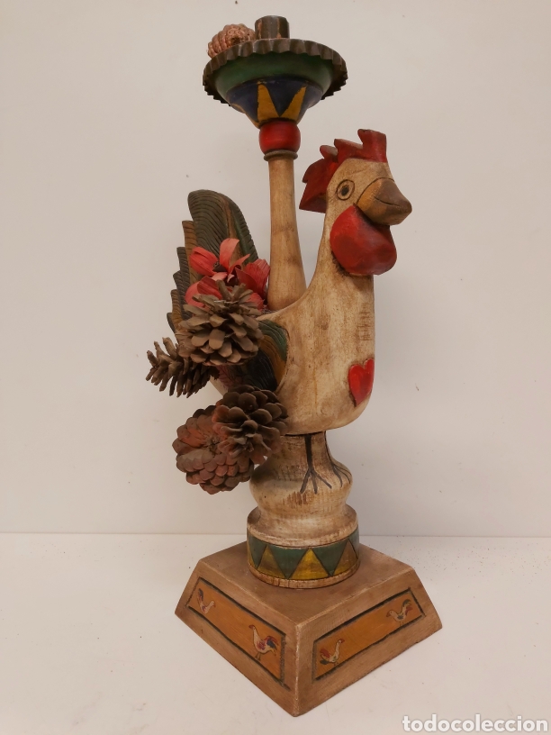 Antig&uuml;edades: Gran candelabro gallo madera 47cm - Foto 4