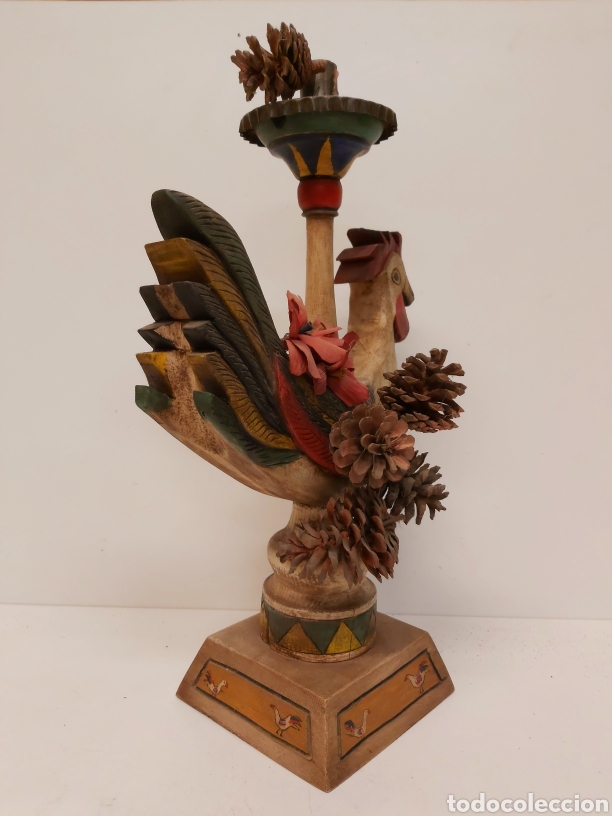 Antig&uuml;edades: Gran candelabro gallo madera 47cm - Foto 5
