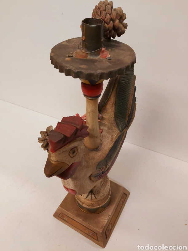 Antig&uuml;edades: Gran candelabro gallo madera 47cm - Foto 6