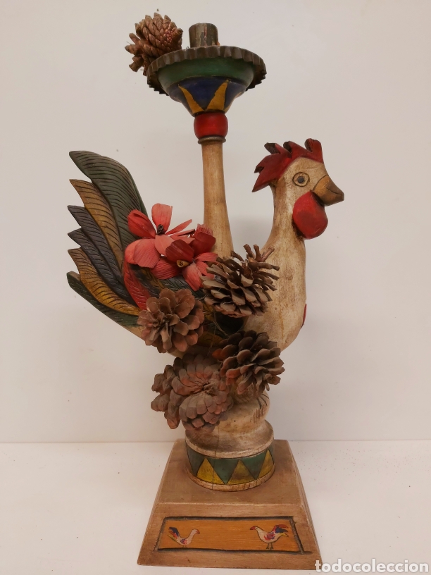 Antig&uuml;edades: Gran candelabro gallo madera 47cm - Foto 1