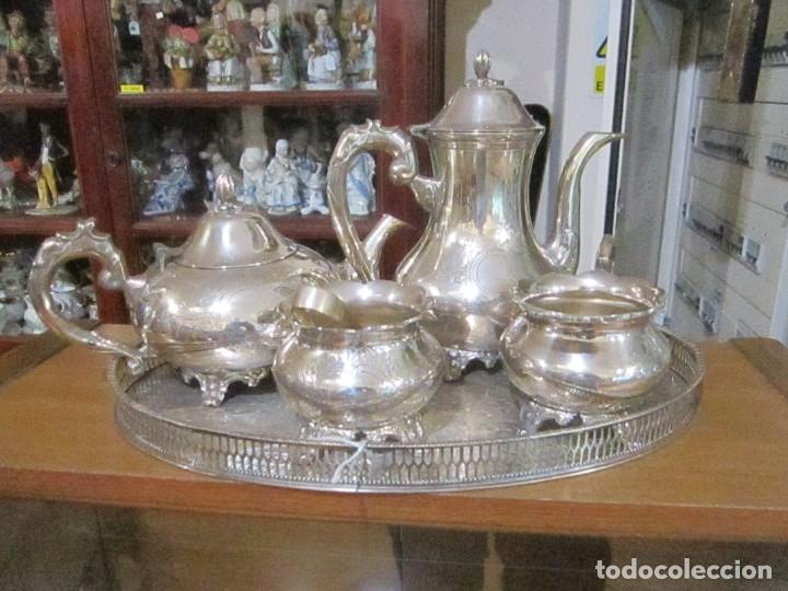 Oggetti Antichi: Juego teteras azucarero bandeja barandilla calada dibujo 5 piezas metal plateado marcas E.P.N.S.