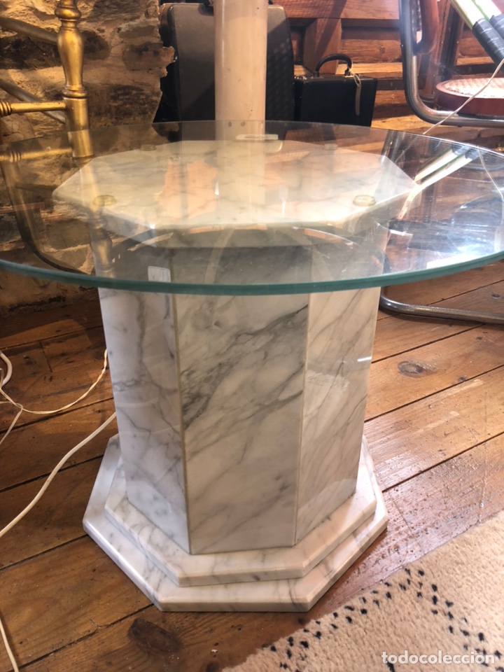 Antig&uuml;edades: Antigua mesa peana m&aacute;rmol blanco y cristal vintage retro