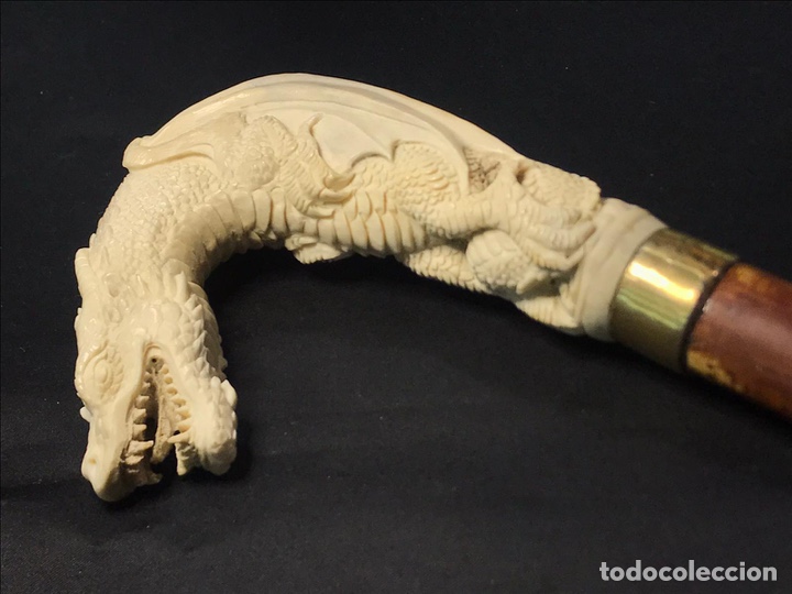 Antigüedades: Baston con empuñadura de hueso Dragon mitologico - Foto 2 - 193825875