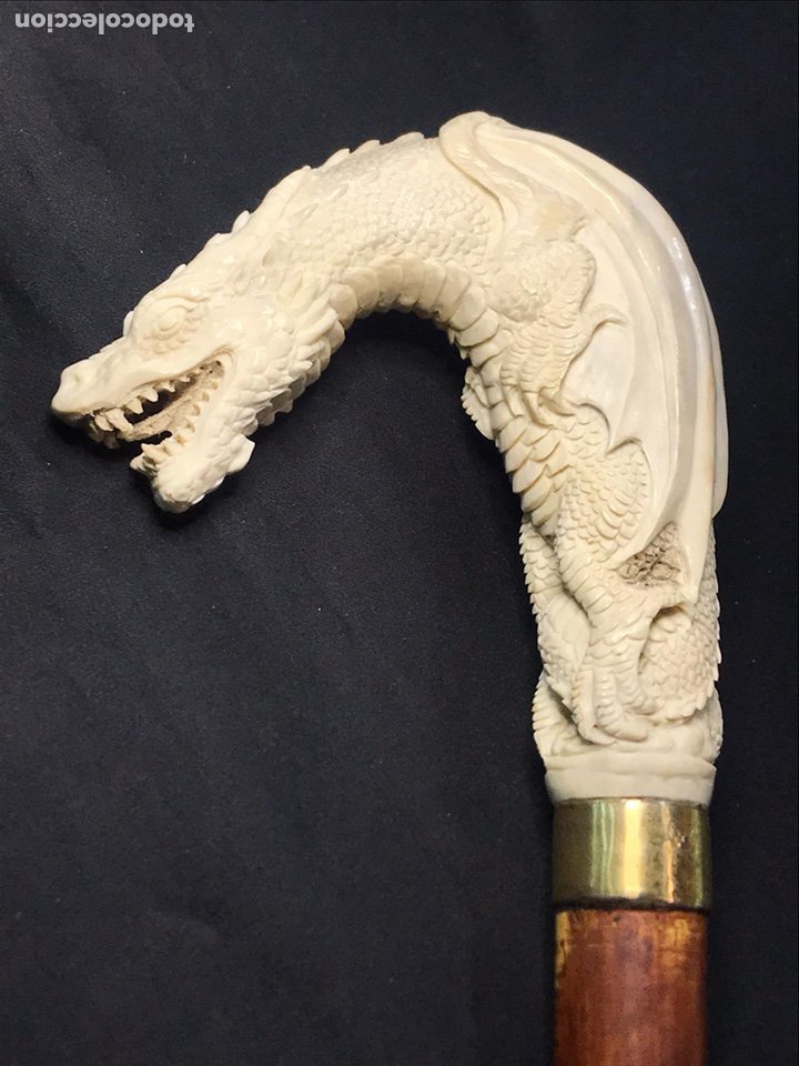 Antigüedades: Baston con empuñadura de hueso Dragon mitologico - Foto 6 - 193825875