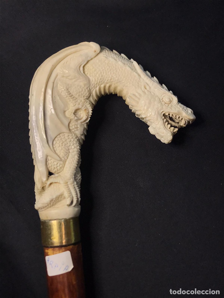 Antigüedades: Baston con empuñadura de hueso Dragon mitologico - Foto 9 - 193825875