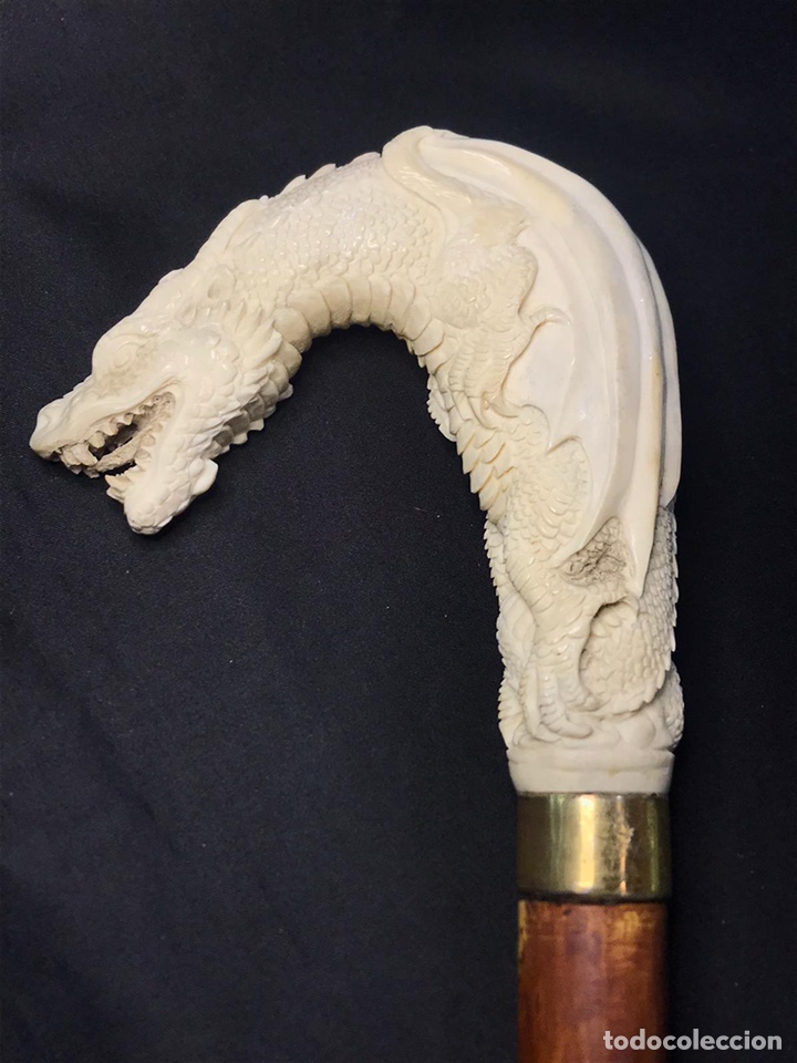 Antigüedades: Baston con empuñadura de hueso Dragon mitologico - Foto 11 - 193825875