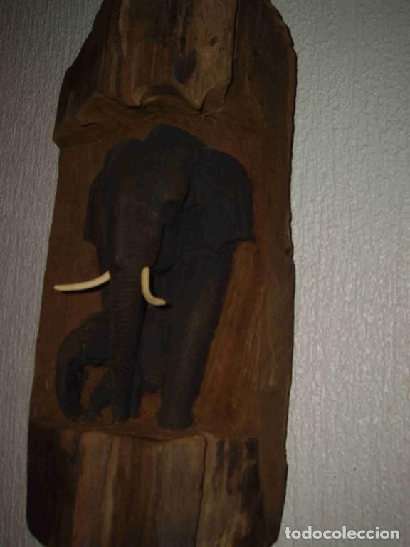 Antig&uuml;edades: PANEL MADERA 2 ELEFANTES PEQUE&Ntilde;O - Foto 4