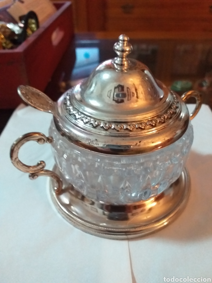 Antiquit&eacute;s: Azucarero de cristal y acero inoxidable