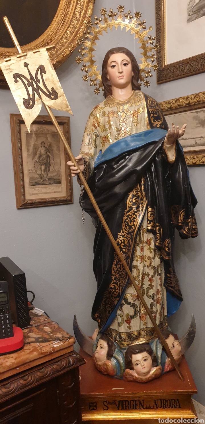 Antigüedades: Virgen de la aurora del siglo XVIII ( cara y manos de madera El resto gasas enfocadas con escayola) - Foto 6 - 242917295