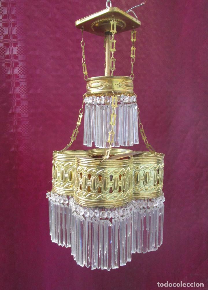 Antigüedades: MARAVILLOSA LAMPARA ANTIGUA AÑOS 30 EN LATON Y CRISTAL - Foto 4 - 243296300