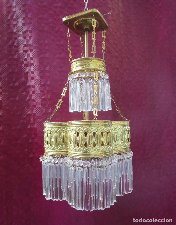 Antigüedades: MARAVILLOSA LAMPARA ANTIGUA AÑOS 30 EN LATON Y CRISTAL - Foto 6 - 243296300
