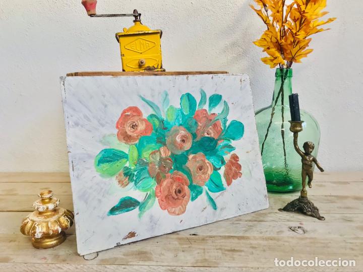 Oggetti Antichi: CUADO DE FLORES PINTADO A MANO PINTURA SOBRE LAMINA PARA COLGAR BODEGON AL OLEO O ACRILICO