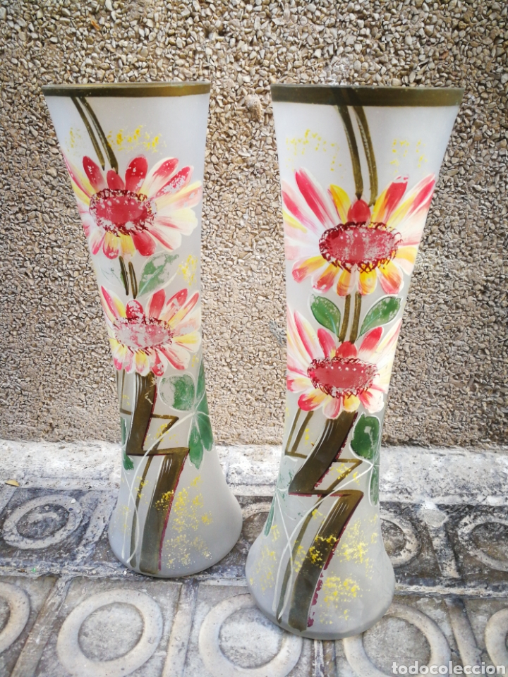 Antiques: ANTIGUA PAREJA DE JARRONES VIOLETEROS FLOREROS MODERNISTA DE CRISTAL GLAS&Eacute;, PINTADOS A MANO, 36CM.