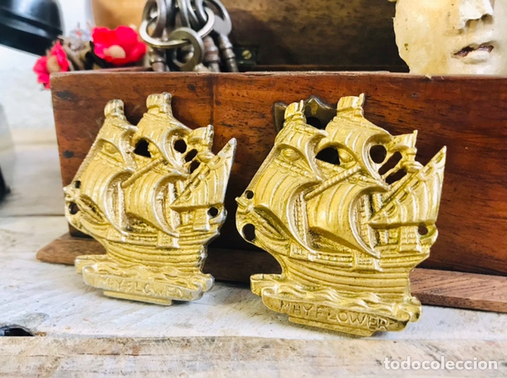 Antiquit&eacute;s: LOTE DE DOS REMATES DE BRONCE BARCO MAYFLOWER 1620 ORNAMENTOS PARA MUEBLE ADORNO CLASICO