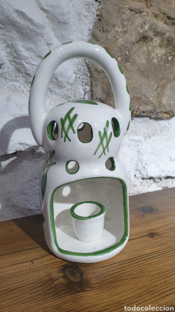 Antig&uuml;edades: Candil, candelero, palmatoria de ceramica pintado a mano