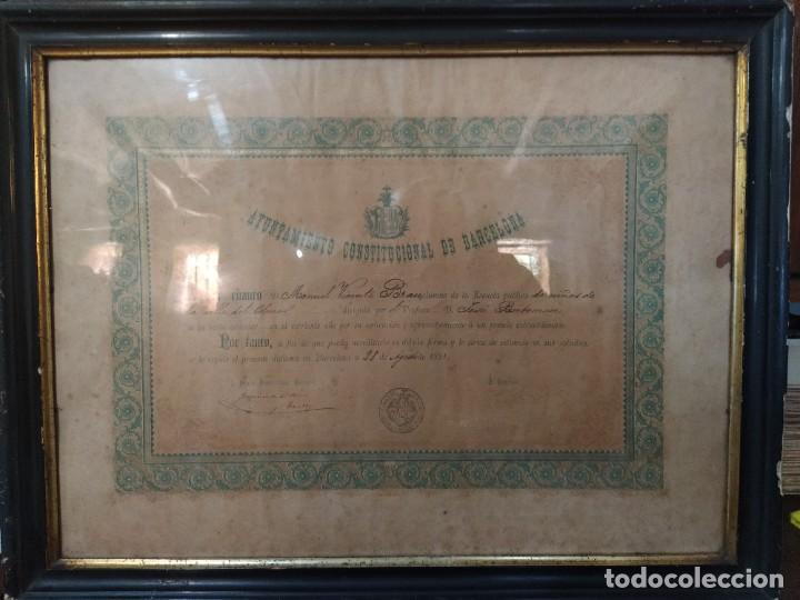 Antiquit&eacute;s: Diploma Aprovechamiento del Ayuntamiento Constitucional de Barcelona, 1881