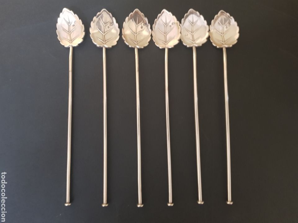 Antiguidades: #626 6 Unidades de Plata 925 Cuchara Resistente Paja Agitador REMOVEDOR COCTELES 18cm